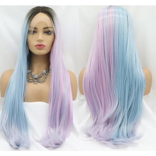 Long Light Dark Purple Ombre Blue Synthetic Lace Front Wig Straight Wigs For Black Women Black Roots Frontal Hair Lolita Cosplay