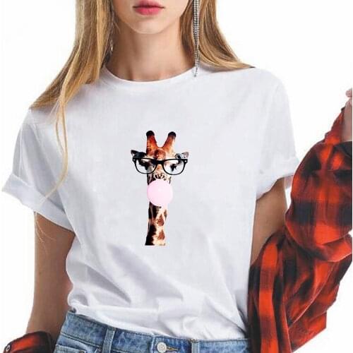 Loose Gorgeous Cheap New T Shirt Women Style Trendy Vogue T-shirt Giraffe wearing glasses blowing bubbles Graphic Print T Shirt