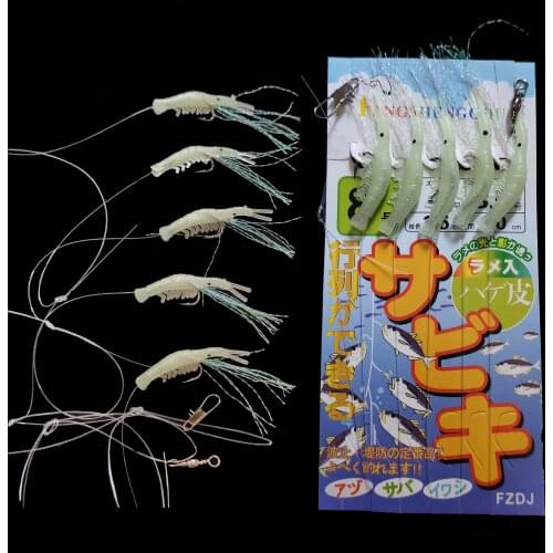 Hot 5pcs/bag Luminous simulation shrimp string hook Soft Worm Fake Lure Baits Sea Fishing Flasher Bait with 5 Hooks