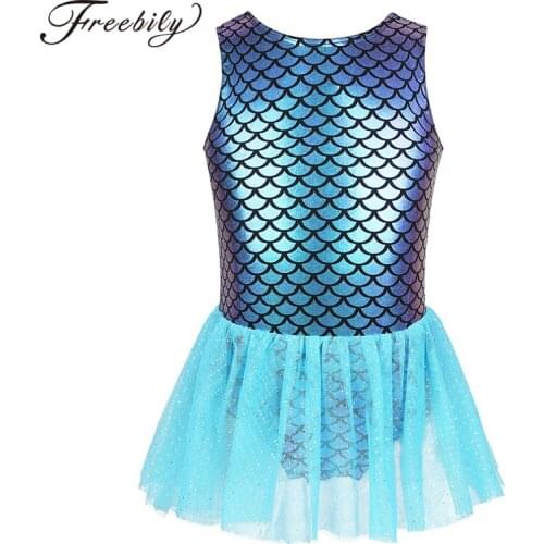 Toddlers Baby Girls Mermaid Costumes Halloween Fancy Dress Up Party Dancewear Fish Scales Printed Glitters Tulle Leotard Dress