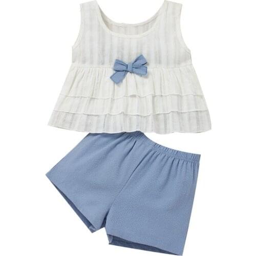 Summer Clothes Kids Girls Set Cute Bow Pattern Sleeveless Shirt Top Shorts Casual Baby 2Pcs Set