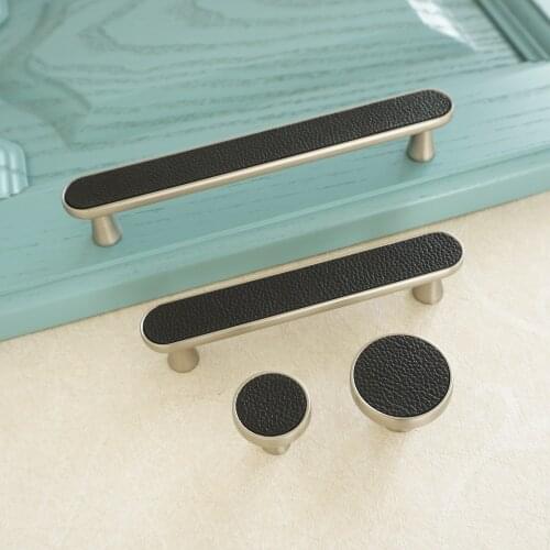 3.78" 5" Leather+Zinc Alloy Furniture Hardware Black Cabinet Handles Drawer Door Knobs Wardrobe Cupboard Bookcase Pulls Handle