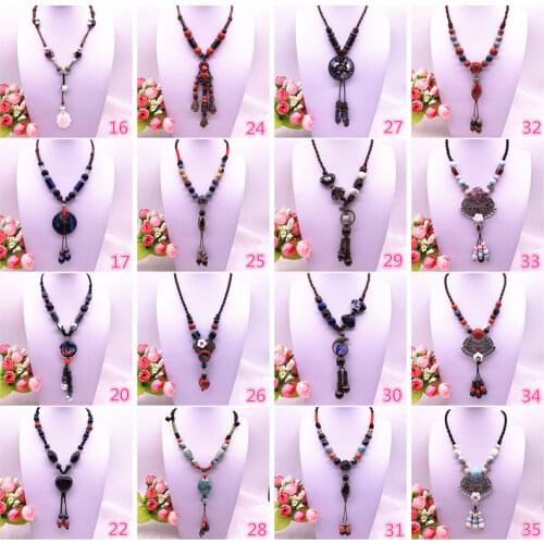 Fashion Ethnic Jewelry Traditional Handmade Ornaments Weave Wax Rope Ceramics Necklace Ceramics Beads Pendant Long Necklace #A