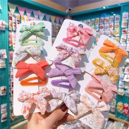 2021 New Korean Sweet Girl Princess Jelly Color BB Clip Hair Accessories Childrens Floral Fabric Bow Duckbill Clip Headdress