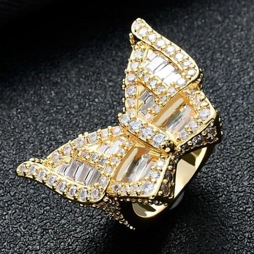 New Fashion Jewelry Charm Golden Silvery Butterfly Ring Party Fashion Micro Paved Full Bling Iced Out Cubic Zircon Ring Gift