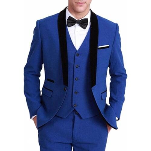 Latest Three Pieces Coat Pant Designs Groom Mens Suit Royal Blue Slim Fit Tuxedos Formal Wedding Blazer (jacket+pants+vest)