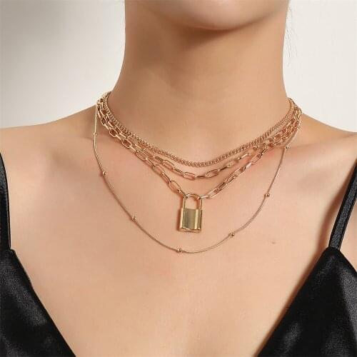 Multilayer Punk Chain Lock Pendant Necklace For Women Charm Choker Thin Chains Necklaces Trend Jewelry Friend Gift