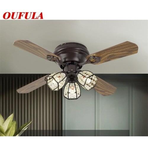 OUFULA Modern LED Lamp With Ceiling Fan Retro Crystal Design Wooden Fan Blade With Remote Control For Home Bedroom Restaurant