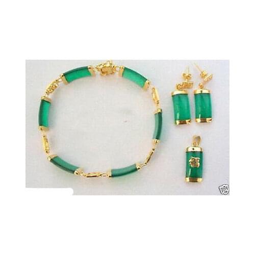 Green Jade 18KGP Fortune Pendant Necklace Bracelet Earrings Set>AAA 18K GP Plated gold Bridal wide watch wings queen JEWE