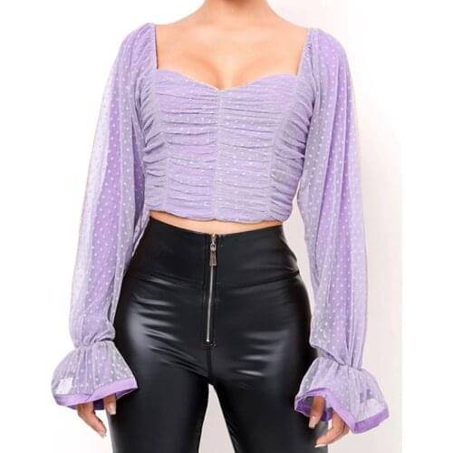 Polka Dot Blouse Women Mesh Shirts Tops Sweetheart Neckline Lantern Sleeve Ruched Blouse Vintage Shirt Purple S
