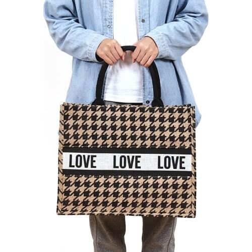 Women Summer Luxury Jute Handbags for Beach Vintage Swallow Gird Printing Shoulder Bags Daily Use Female Leopard Shopping Tote