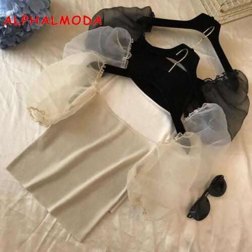 ALPHALMODA Summer Sweet Lantern Sleeve Pullovers Women Summer Cropped Knit Tshirt Gauze Sleeve Patchwork Ladies Chic outfit