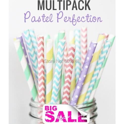 125pcs Mixed Colors PASTEL PERFECTION Themed Paper Straws,Light Blue,Baby Pink Chevron,Mint,Light Yellow Striped,Lavender Dot