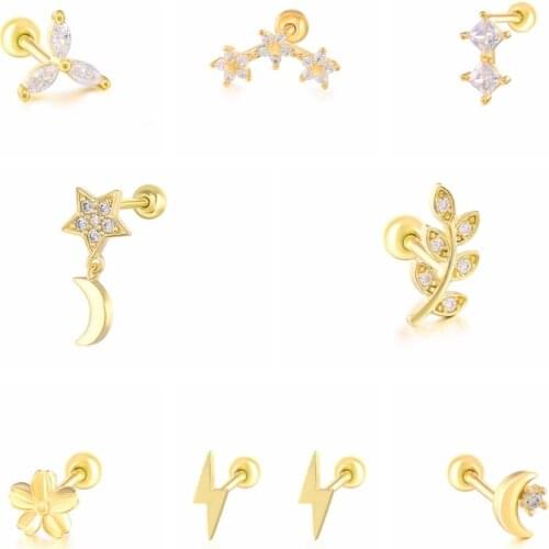 2pcs Piercing Earrings Real 925 Sterling Silver Bling Zircon Cartilage Stud Earring For Women Ear Bone Earlobe Pierced Buckle