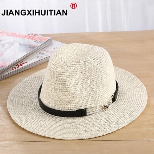 2018 New Summer Sun Hat Ladies Wide Brim Metal Belt Straw Hats Panama Hats Women Solid Color Straw Beach Hats