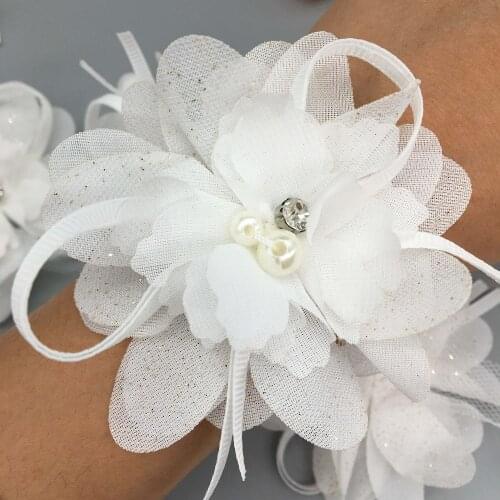 9 x Chiffon 3D Flowers Pearl Lace Trim Handmade Rhinestone Trimmings Wedding Wrist Flower Dress Clothes Applique Sewing Crafts