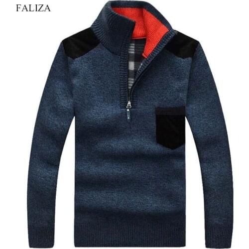 FALIZA Winter Knitted Sweaters Mens Half Zip Fleece Knitted Wool Warm Turtleneck Pullovers Pocket Casual Male Thick Coat XY104