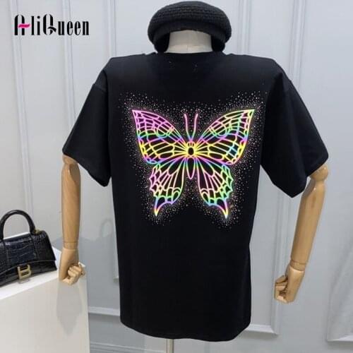 Streetwear Harakuju Women Colors Reflective Butterfly Long T Shirt Female Summer White Black Diamond Couple T-shirts Loose Tops