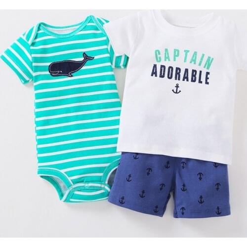 2018 Baby Boy Summer Clothes Set 3pcs Bodysuit +Shorts+T Shirt Outfit Cartoon Dolphin Kids Clothing Striped Bodysuit Infant