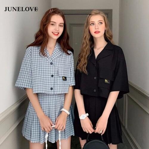 Summer Women Sets Harajuku Preppy Style Short Sleeve Plaid Shirt +Pleat Skirt Cute Skirt Set Vintage Kawaii Vintage Girl Suits