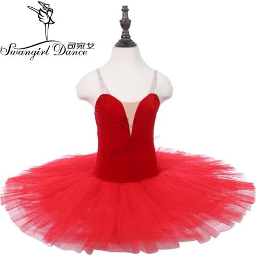 Red Pre-professional Ballet Tutus Women Velvet Bodice Dance Loetard Gymanstics Pancake Tutu Performance PPL18044G