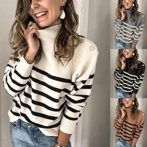 Fashion Womens Turtleneck Sweater Autumn Winter Long Sleeve Knitted Pullover Ladies Loose Striped Sweaters Knitwear