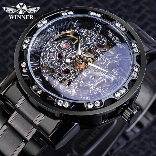 WINNER Full Black Mechanical Watches Men Skeleton Stainless Steel Strap Rhinestone Diamond Case Classic Wristwatch Heren Horloge