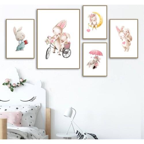 Pink Flower Rabbit Canvas Prints Baby Nursery Wall Art Print Bunny Poster Animal Painting Nordic Wall Pictures Kids Room Decor