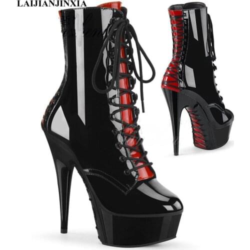 LAIJIANJINXIA New 15 cm Heels Stiletto Lace-up Women Boots Sexy Ankle Boots Black Party Model Pole Dancing Shoes Dance Boots