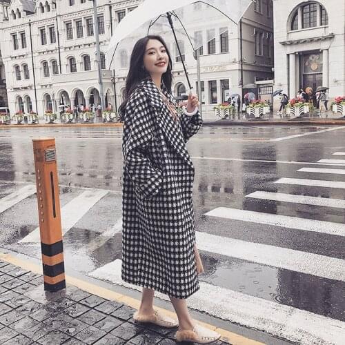 Plus size womens autumn and winter fashion loose and thick wild houndstooth woolen mid-length thin over-the-knee woolen coat