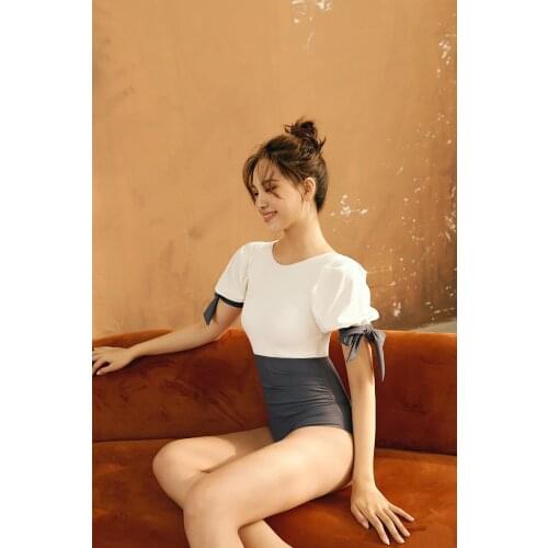 Sexy Open Back Bathers Patchwork Color Swimwear Short Sleeve Swimsuit Sports Swimwear Trikini Bodysuit Women Swim Monokini