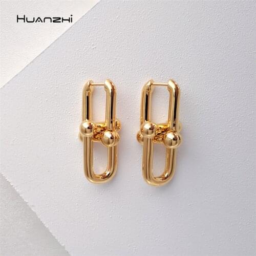 HUANZHI 2019 Splice Geometric Hollow Detachable Chain Retro U Shape Long Drop Earrings for Women Girls Party Jewelry Simple Gift