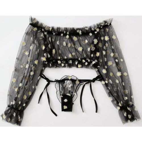 Sexy Printed Black Tube Top Long Sleeve Underwear Panties Set Hot Erotic See-through Lingerie Flirting Sex Outfits for Women