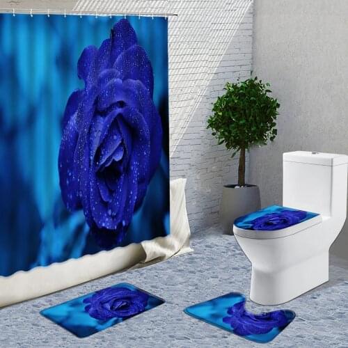 3D Blue Rose Flower Shower Curtain Fabric 4-Piece Set Bathroom Curtains Red Rose Non-Slip Rug Toilet Lid Cover And Bath Mat