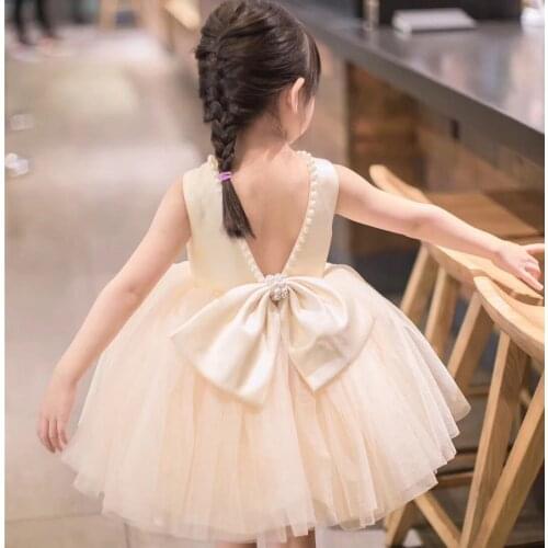 Tulle Baby Champagne Girl Dresses Special Occasion Dress Pearl Baptism Ball Gown Newborn Birthday Princess Party Clothes