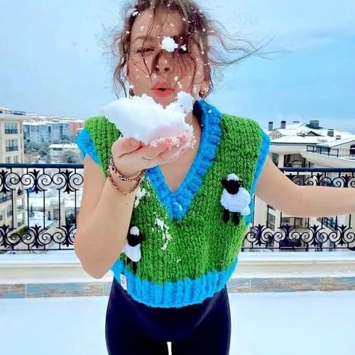 Foridol Sheep Knitted Sweater Vest Vintage Animal Sleeveless Blue Cropped Sweater Vest Waistcost 2021 Autumn Winter Tops