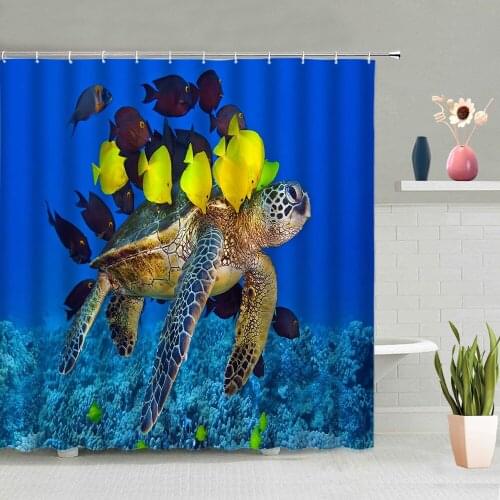 Blue Ocean Animal Shower Curtain Aquarium Sea Turtle Tropical Fish Reef Stone Underwater World Bathroom Bathing Curtains Hanging