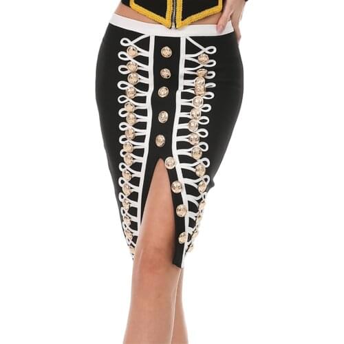 High-Quality Women Black Red Open Fork Button Beading Bodycon Bandage Skirt Fashion Sexy Celebrity Evening Party Women Skirt