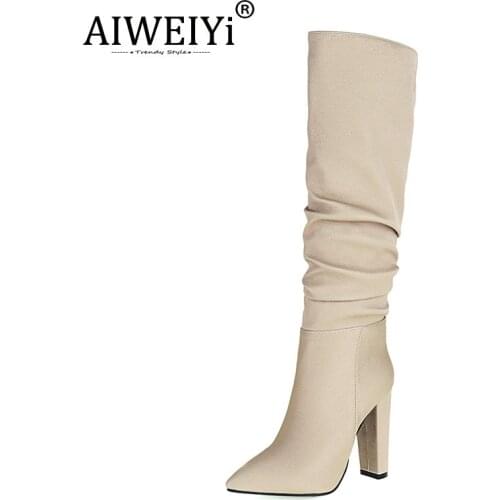 AIWEIYi Womens Boots Autumn Winter Fashion Thick High Heels Knee High Boots Fashion Boots Long Boots Pointed Toe Large Size 43