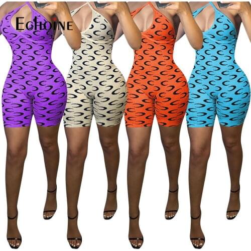 Echoine Summer Women Playsuit Print Sleeveless Halter Hollow Out Strechy Bodycon Playsuits Casual Rompers One Piece Overalls