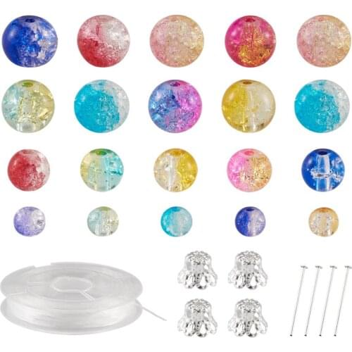 1 Set Two Tone Crackle Glass Beads Elastic Thread Iron Bead Caps & Head Pins For DIY Jewelry Making Findings Accessories
