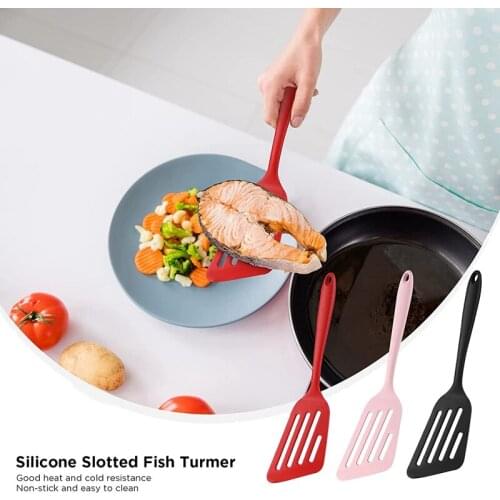 3 Pcs Silicone Slotted Fish Turner Spatula Non-Stick Heat Resistant for Scrapping Flipping Frying Foods Red Black Pink