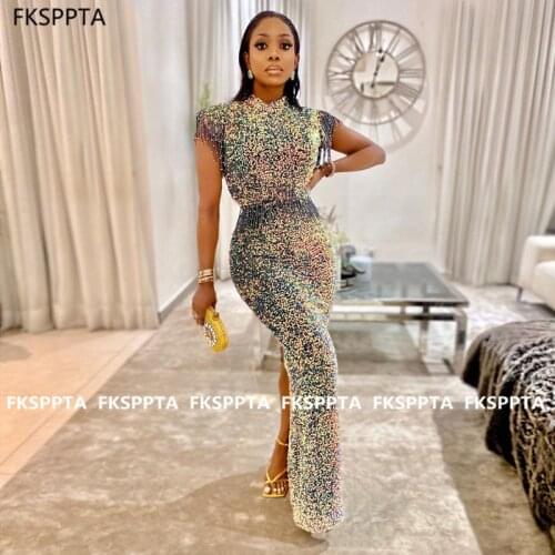 Shiny 2021 Long Prom Dresses O Neck Sheath Sparkly Sequin Formal Dress For Black Girls Custom Made Evening Party Gowns Cheap