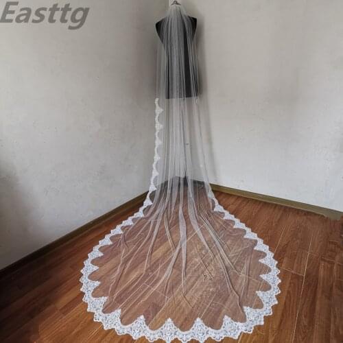 White ivory Real Photos Wedding Accessories Appliques Tulle Long Cathedral Wedding Veil Lace Edge Bridal Veils with Comb