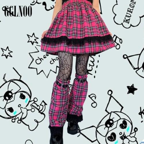 GGLNOO Japanese Harajuku Black Pink Plaid Rivet Metal Sweet Ruffles Leg Covers Women Lolita Cute Leg Warmer Socks Streetwear