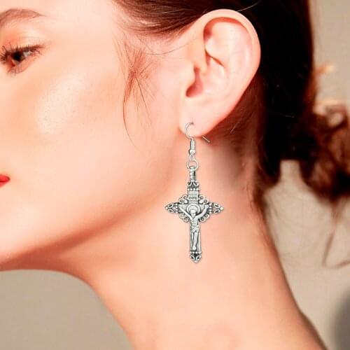 Catholic Religious INRI Crucifix Filigree Cross Jesus Church Earrings Silver Plated Pendientes Christmas Oorbellen For Women