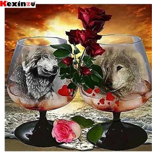 KEXINZU 5D DIY Diamond Painting Wolf and Rose Full Square Diamond Embroidery Animal Mosaic Rhinestone wedding Decoration