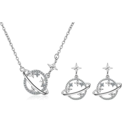 925 Sterling Silver Universe Planet Star Jewelry Set Cubic Zircon Necklace Earring Set For Women Wedding Party Jewelry