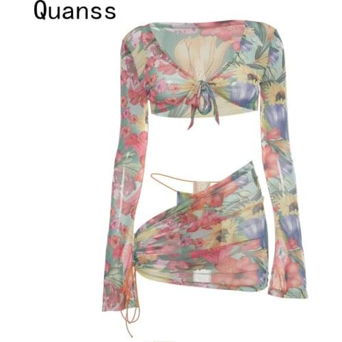 Quanss Summer Long Sleeve Floral Print Bikini 3 Piece Set Women Beach Wear Swimsuit Sexy Club Bathing Suit And Draw String Skirt
