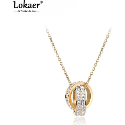 Lokaer Fashion Double Circle Chokers Necklaces Pave Setting Rhinestone Gold Color Stainless Steel Female Necklace Jewelry N18038